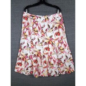 JM Collection Womens Skirt 14 White Pink Floral 100% Linen Flare Coastal Classic